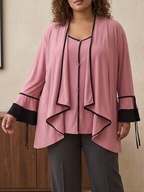 Liz McCoy Woman 2X Elegant Dusty Rose & Black Ruffled Tunic Cardigan
